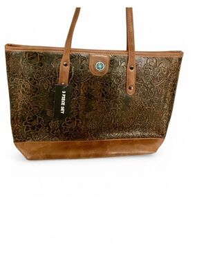 Brown Floral Embossed Tote Bag with Turquoise Accent . 3 piece set. NWT